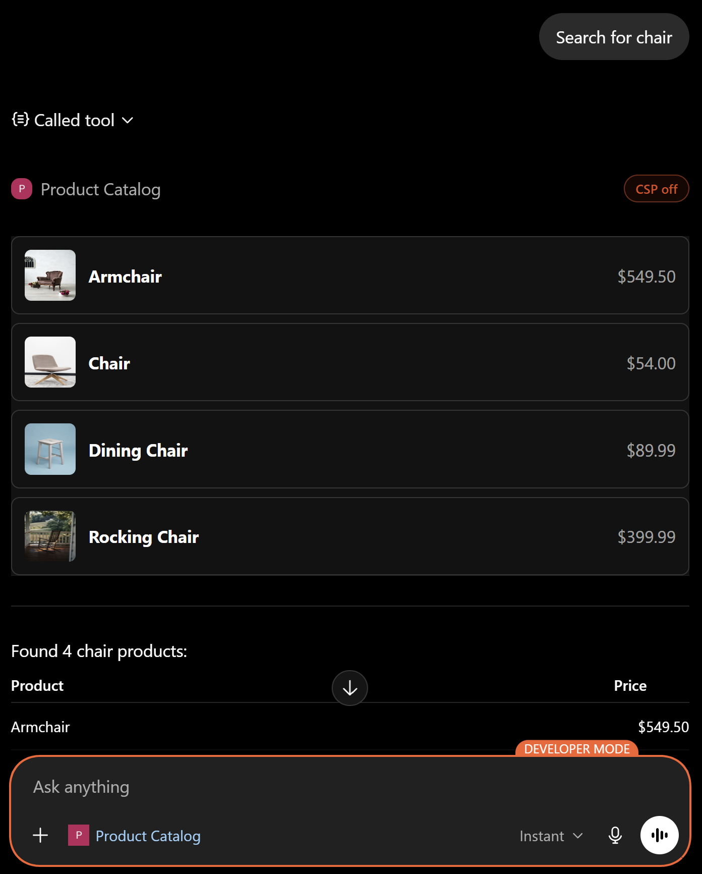 SearchProducts result with Apps view
