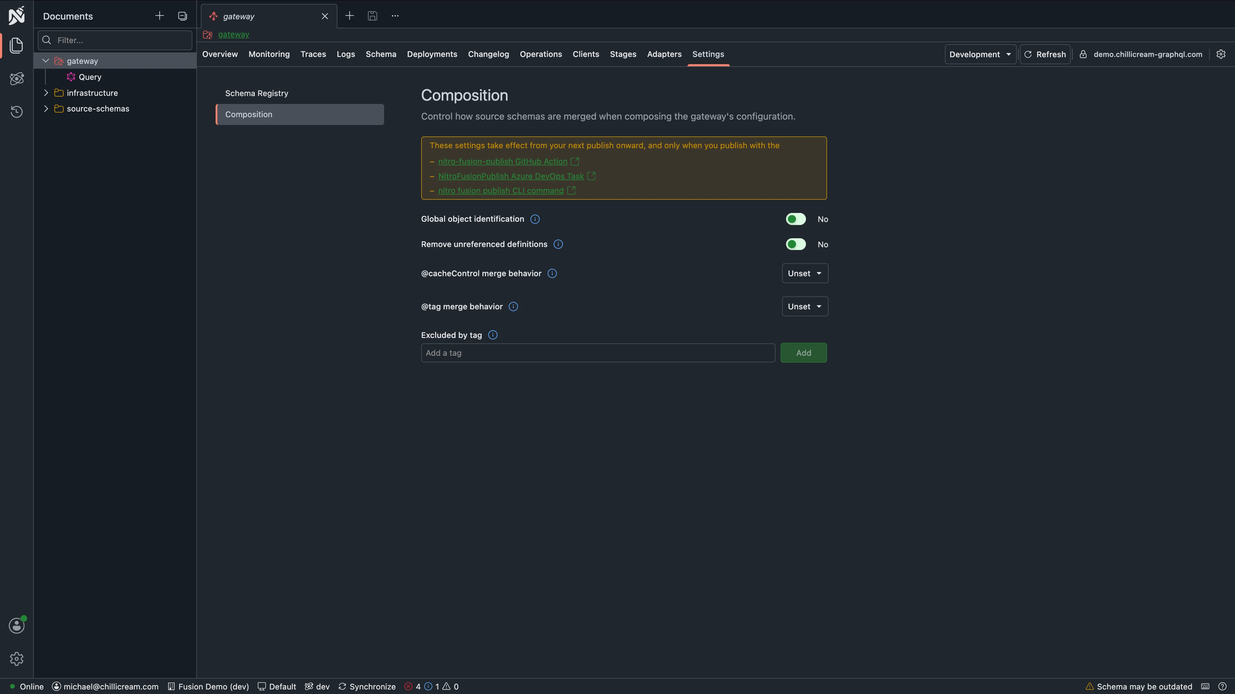 The Composition settings page of a gateway in Nitro, with toggles for global object identification and removing unreferenced definitions, merge behavior for @cacheControl and @tag, and an excluded-by-tag list