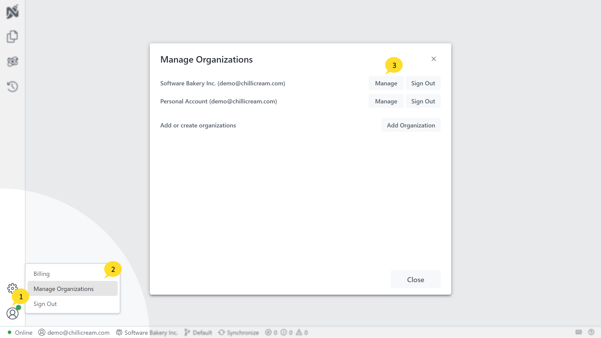 Screenshot showing the manage button in the organization switcher