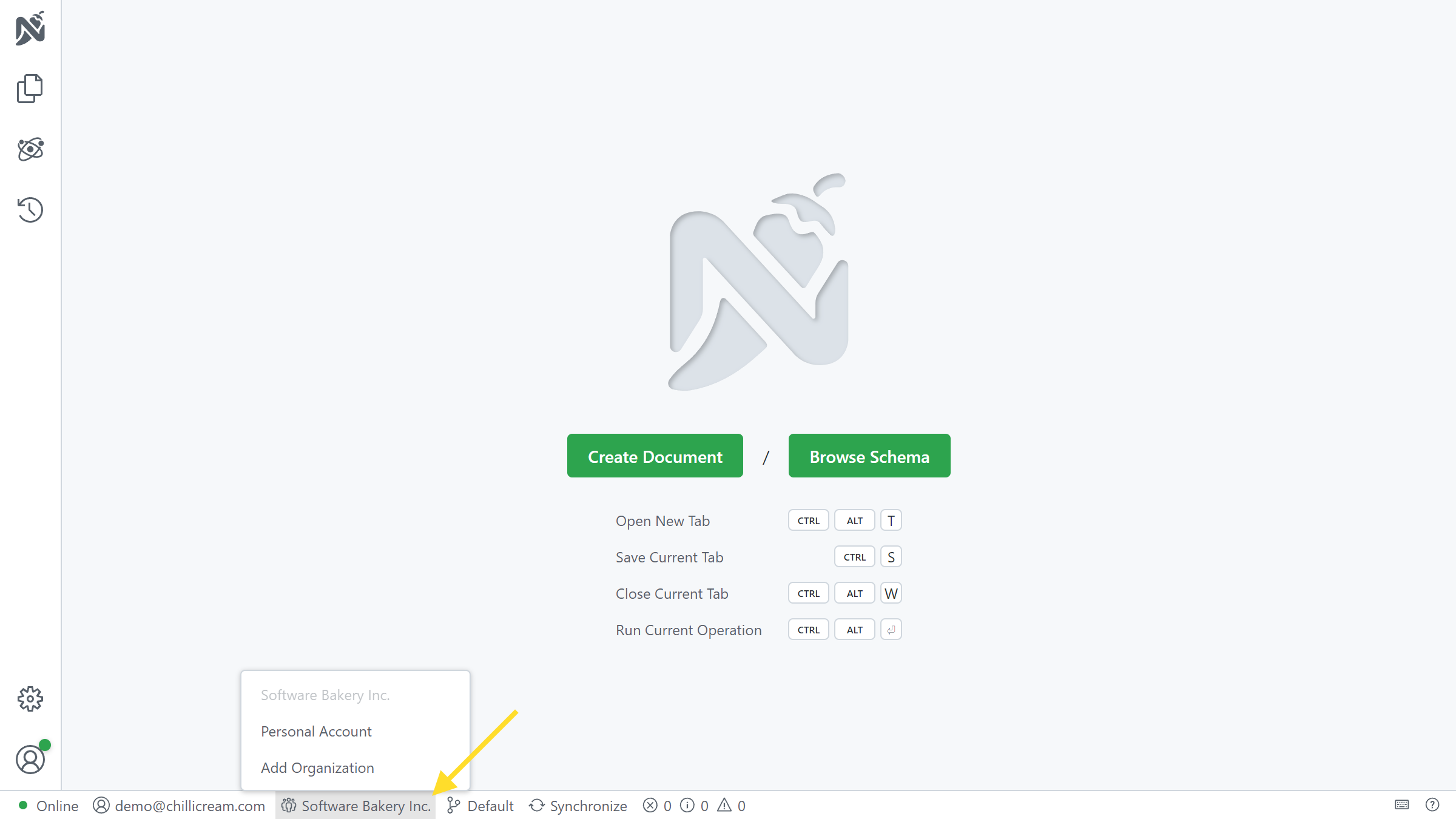 Screenshot showing the organization switcher in the status bar