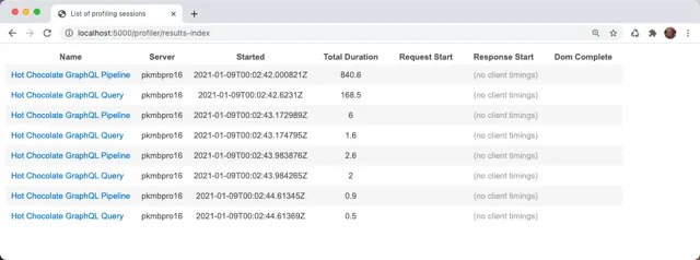 MiniProfiler Index Web Page