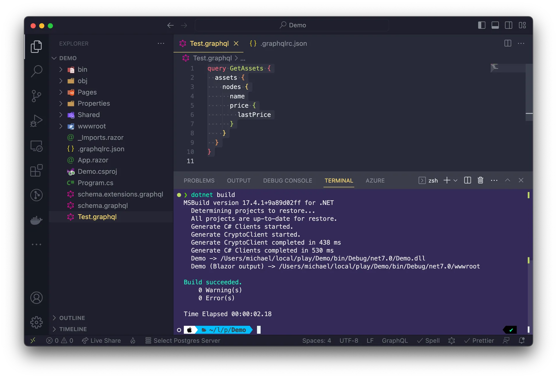 Visual Studio Code showing the generator output on the console.