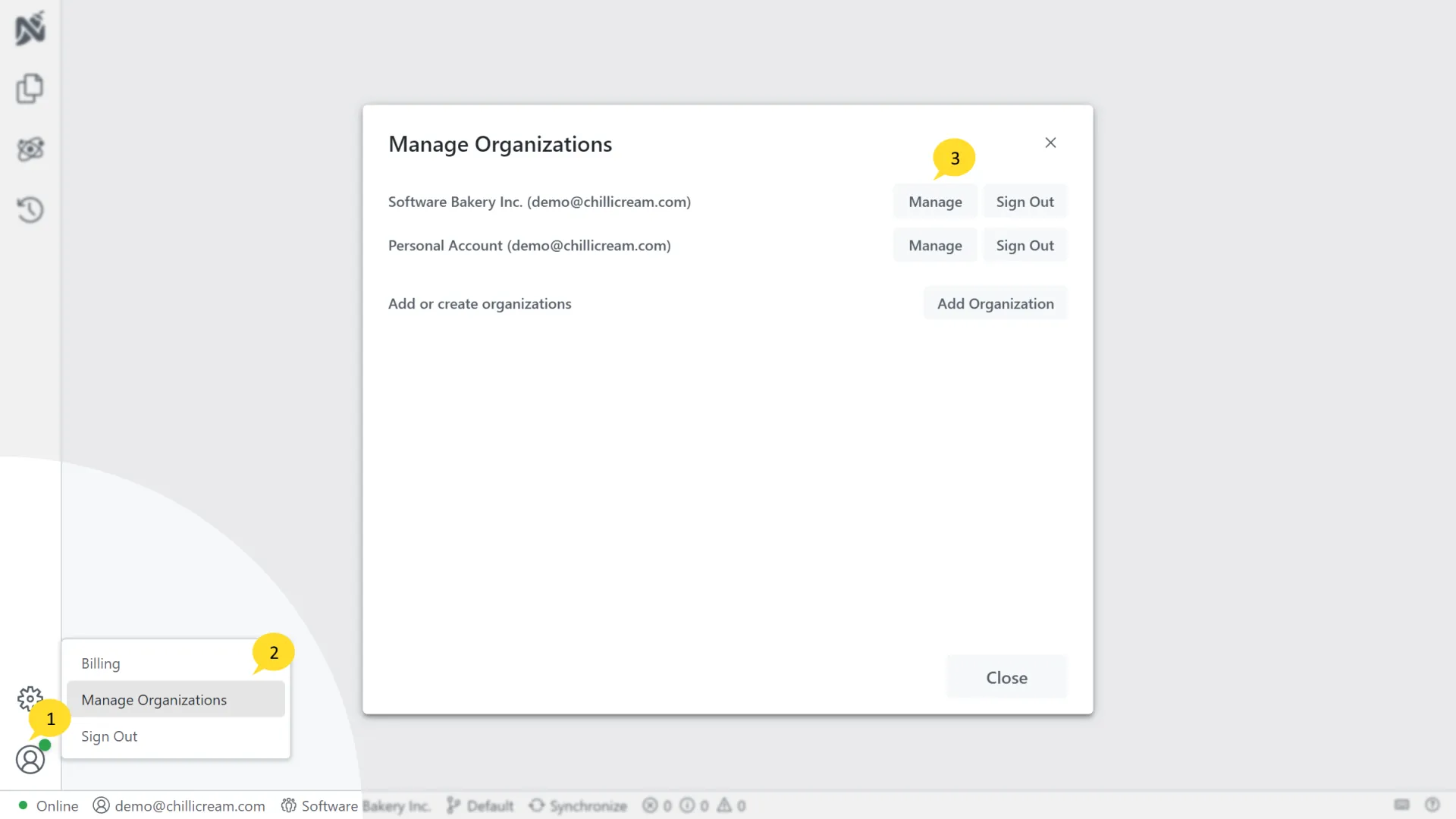 Screenshot showing the manage button in the organization switcher