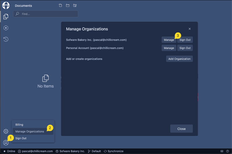 Screenshot showing the manage button in the organization switcher