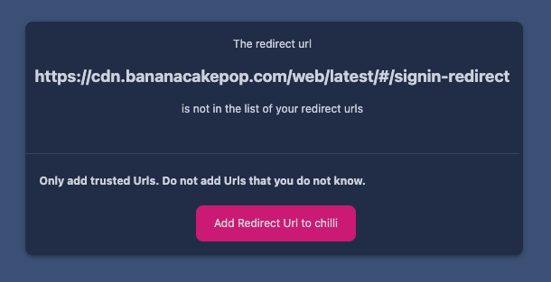 Screenshot showing the redirect URL prompt